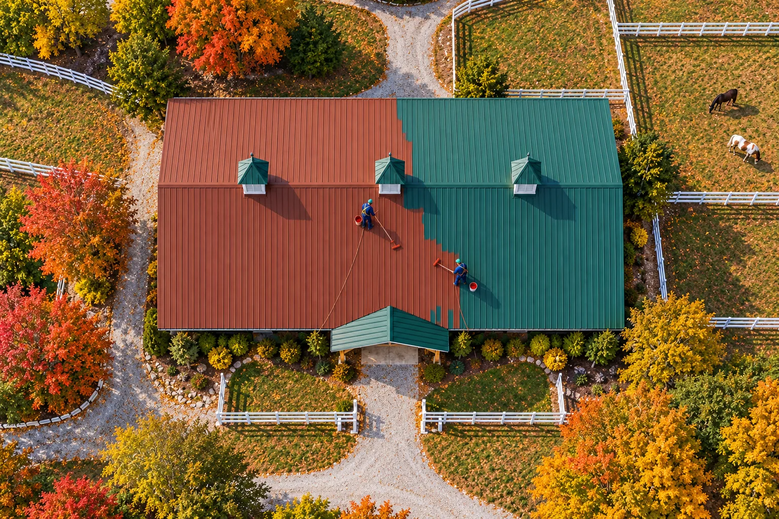 Aerial view of a large metal barn roof