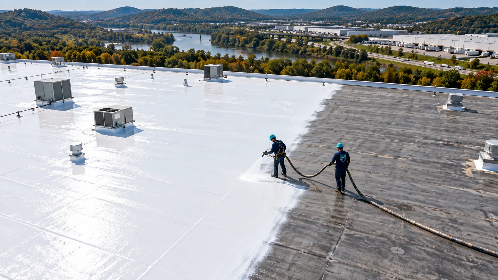 Aerial view of a low-slope commercial roof with a silicone coating