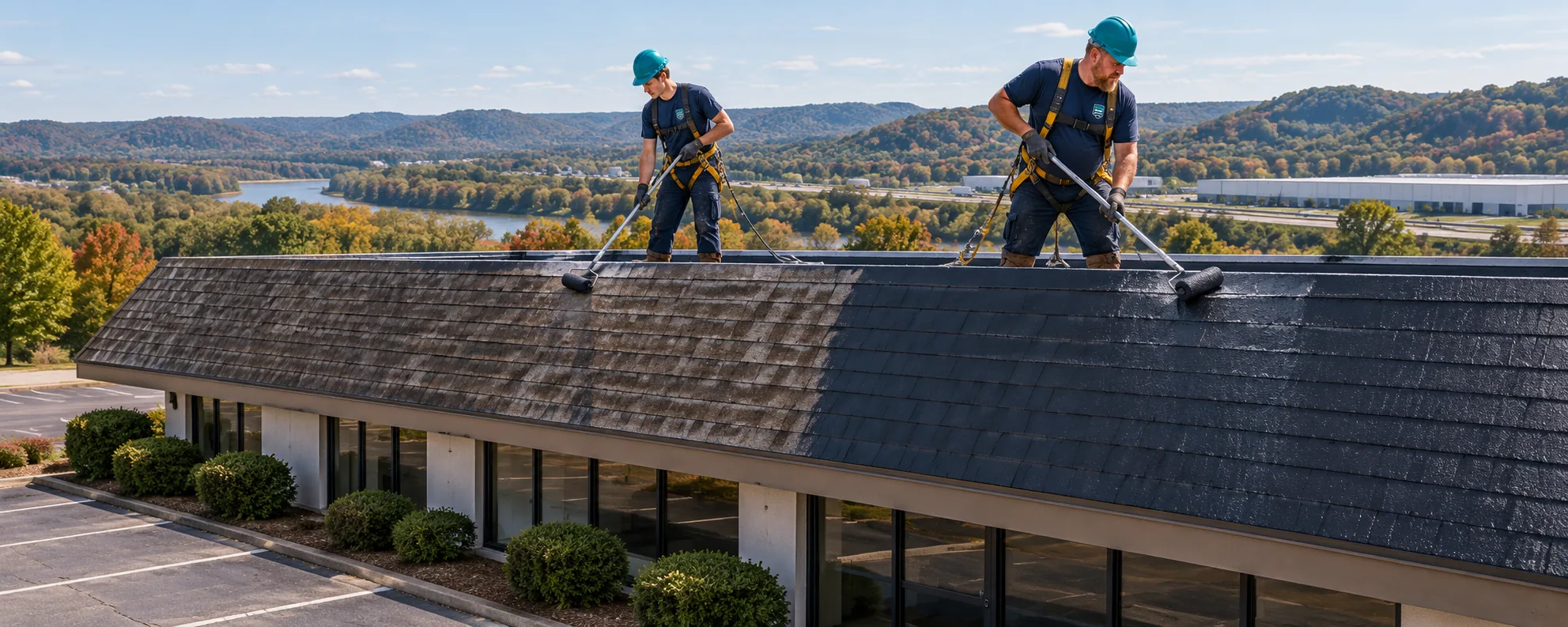 Crew coating a commercial shingle roof