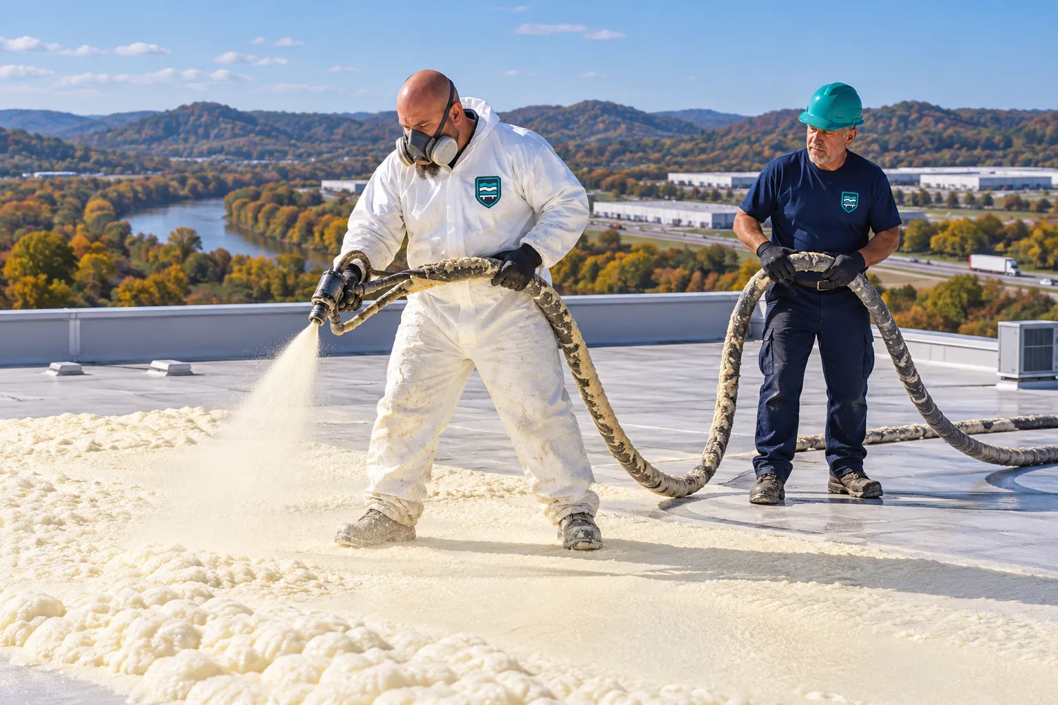 Crew spraying foam insulation across a commercial roof