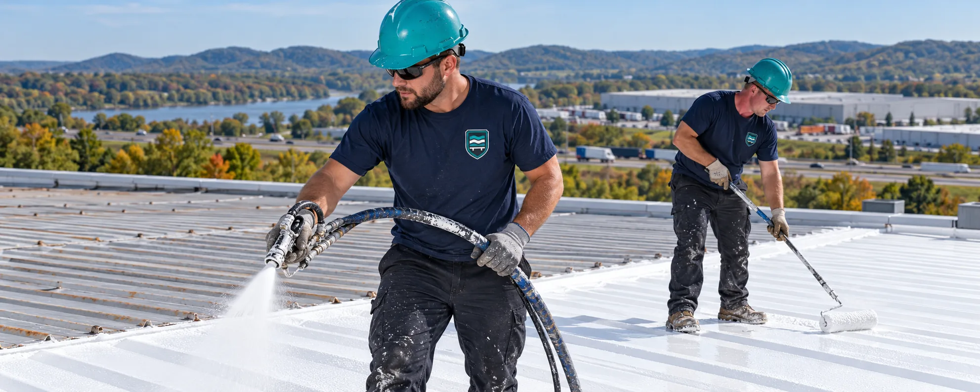 Roof crew applying coating across a commercial metal roof