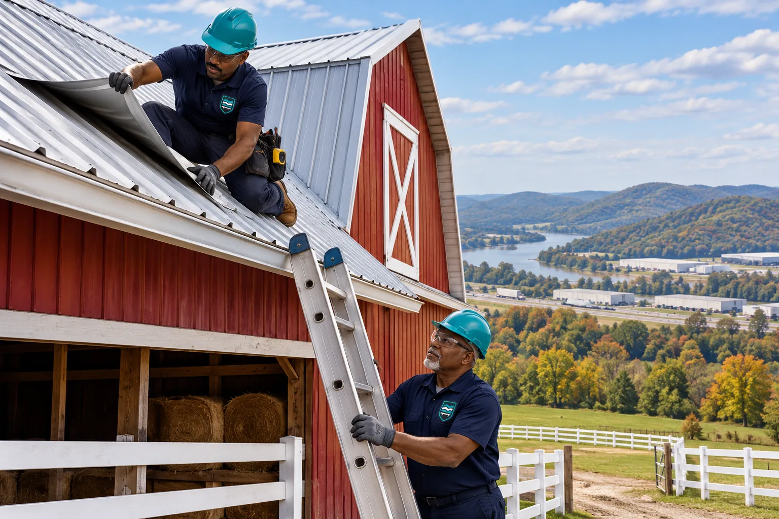 Roofer inspecting fasteners and panel laps on a commercial metal roof