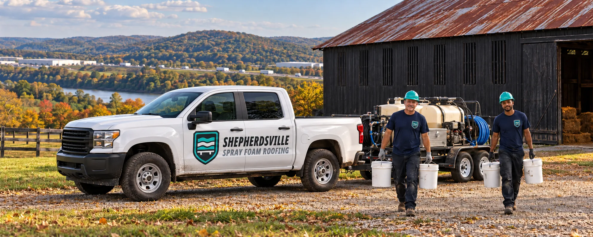 Work truck staged beside a commercial building for a roof coating job